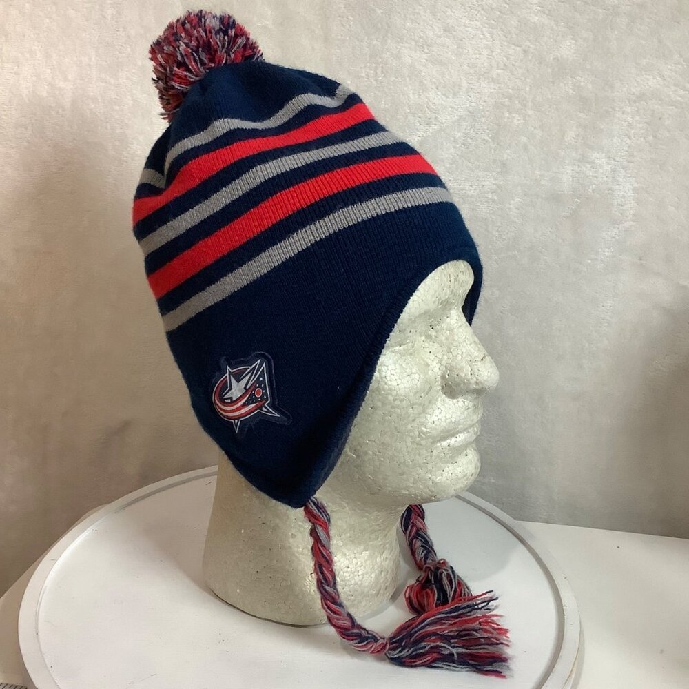 Columbus Blue Jackets Knit Beanie Hat Ear Flaps‎ Pom Navy Red Stripes Adult OS